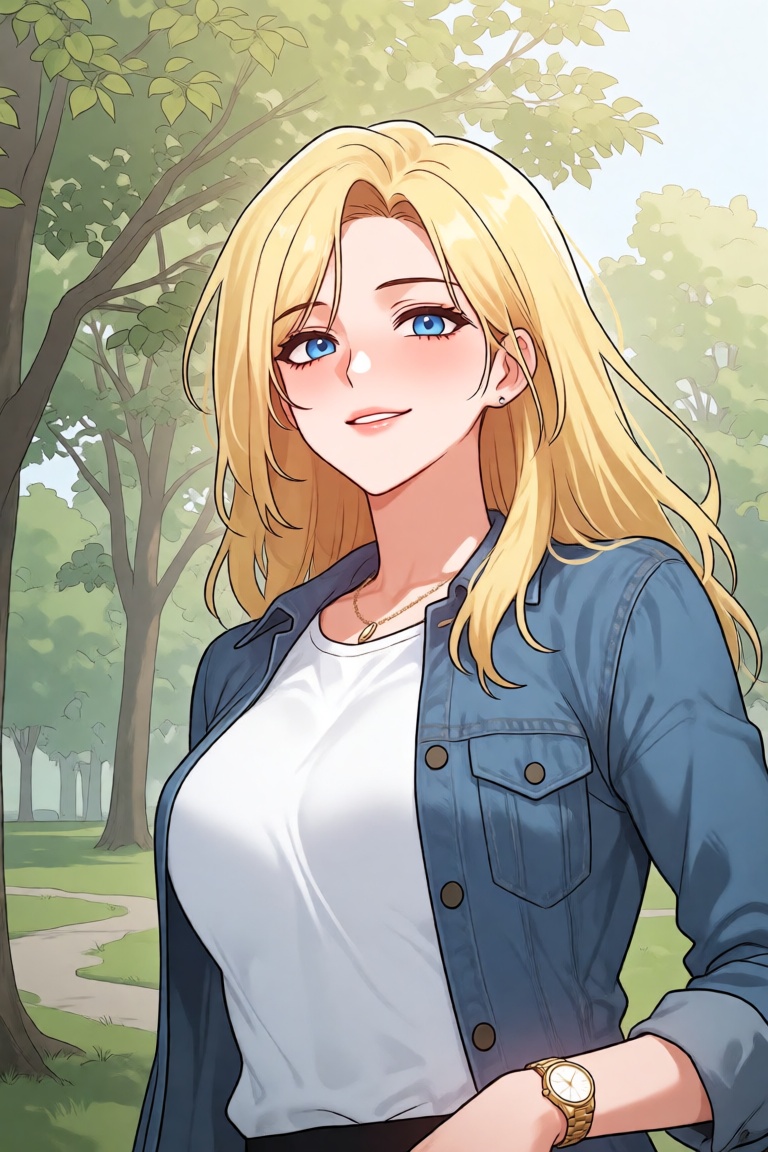 Manhwa illustration of a young woman with long,  flowing blonde hair and striking blue eyes,  standing in a sunlit park in...