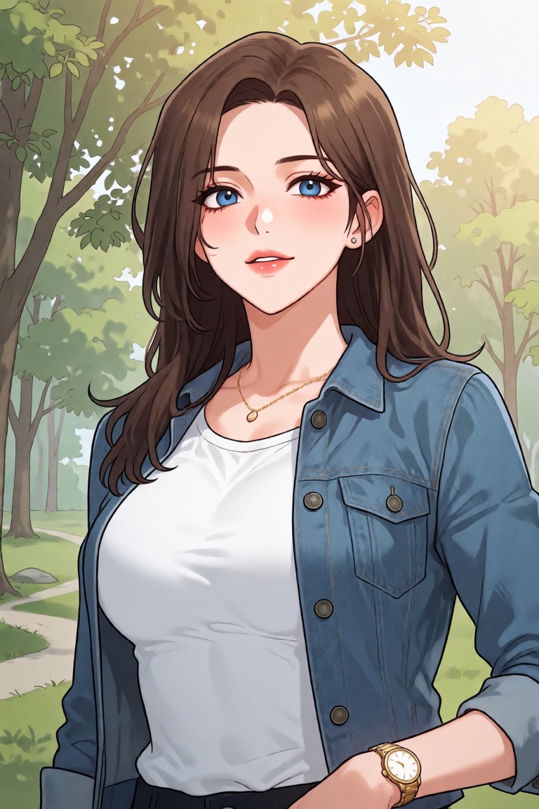 Manhwa illustration of a young woman with long,  flowing brown hair and soft blue eyes,  standing in a sunlit park in a re...
