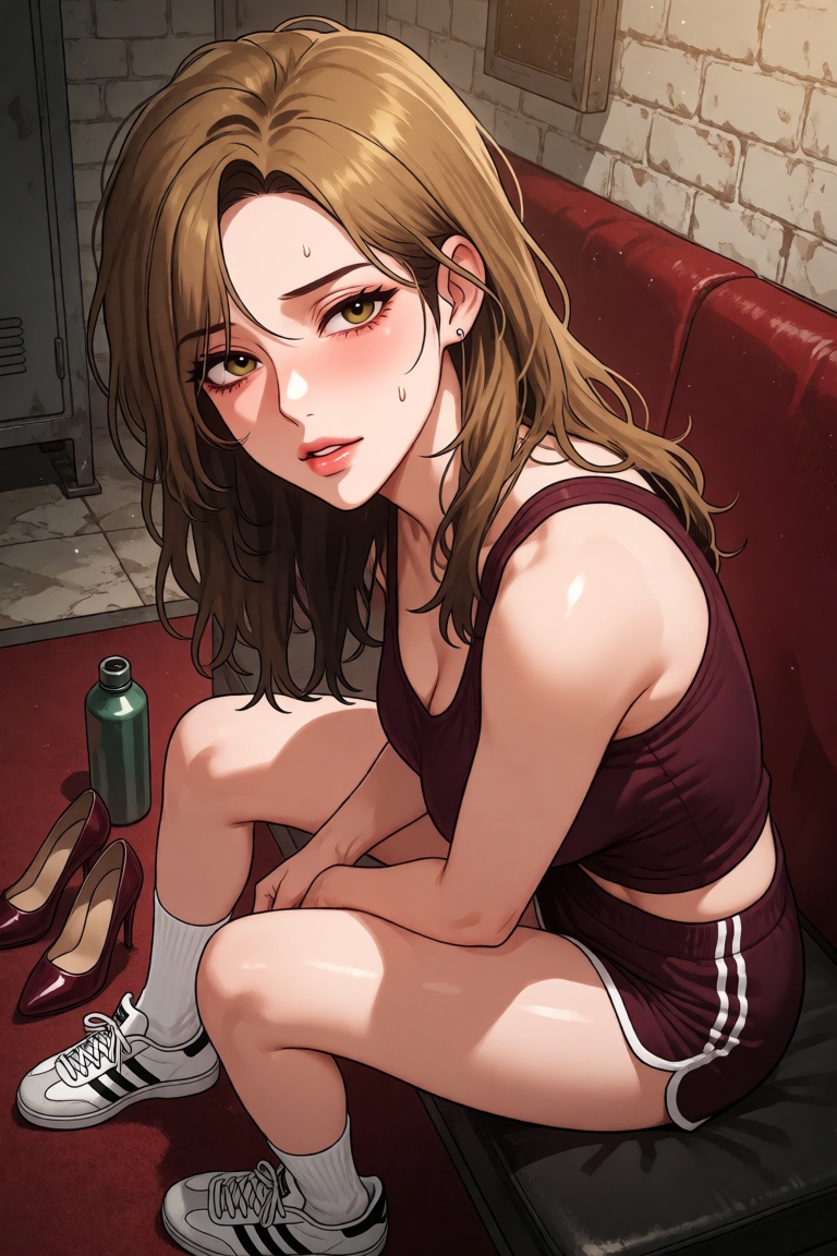 A manhwa illustration of a beautiful ***** woman seated on a padded workout bench in a gritty,  vintage-style gym locker r...