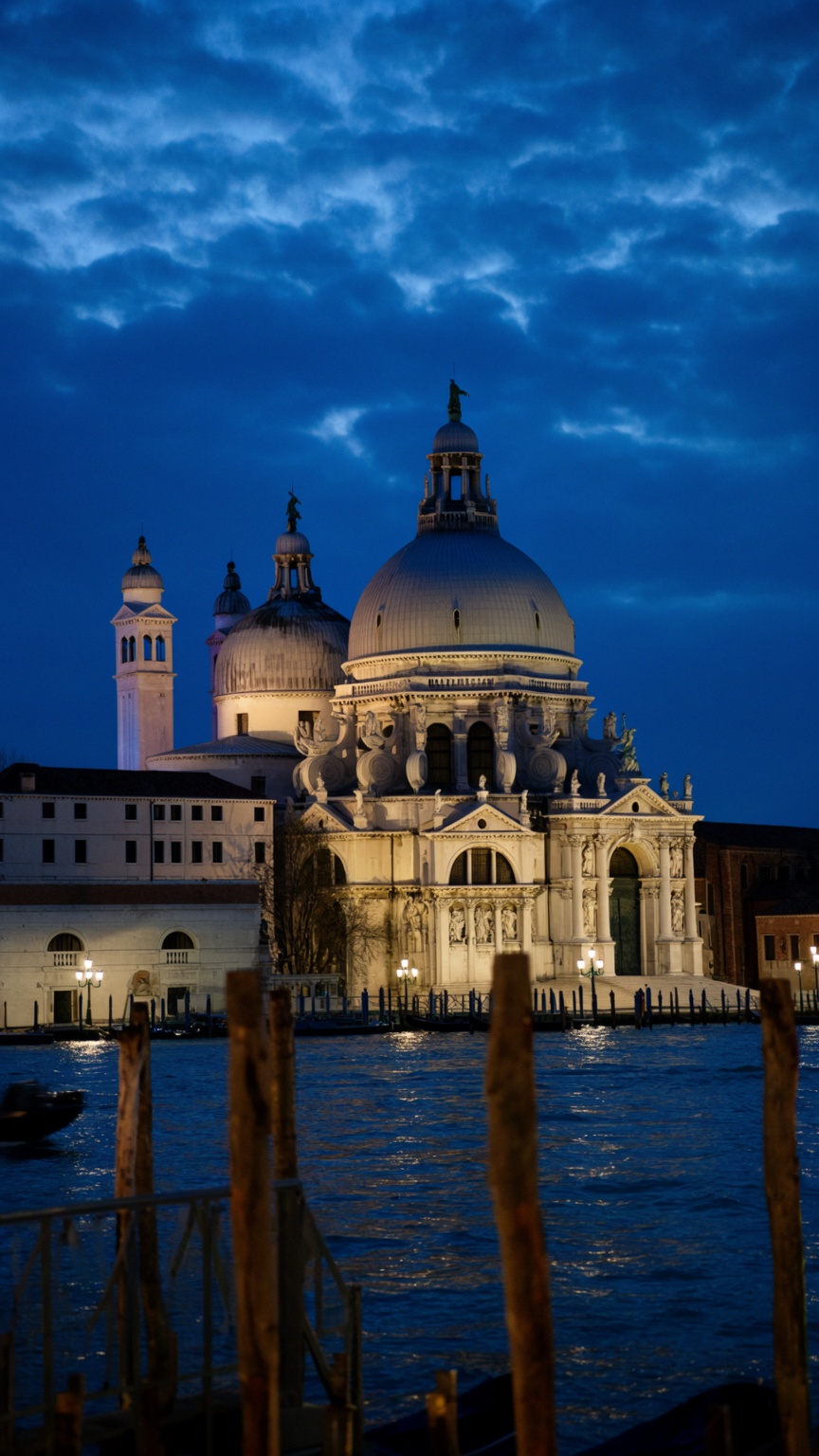 at twilight,  the basilica di santa maria della salute in venice is illuminated against a deep blue sky streaked with soft...