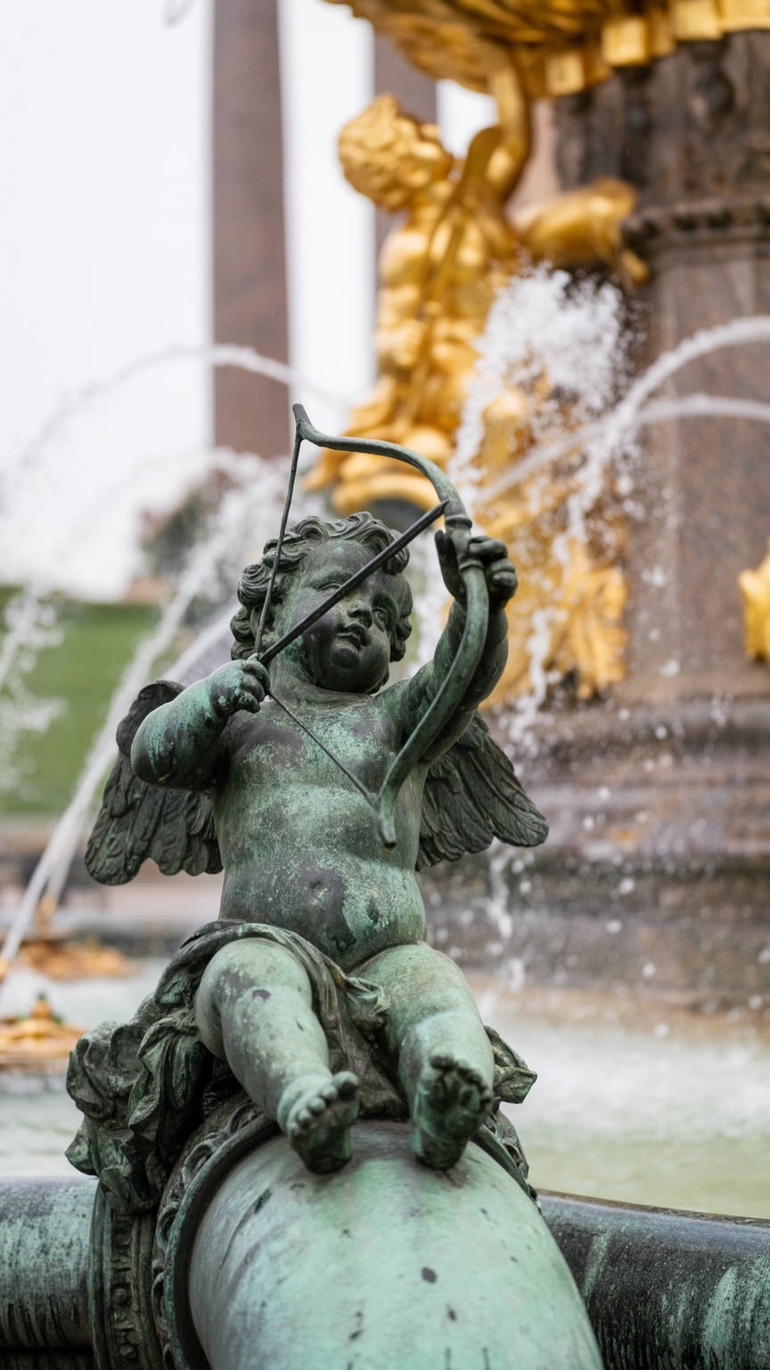 a weathered bronze cherub statue,  patinated green with age,  sits perched atop a curved pipe in the foreground on Tensor.Art