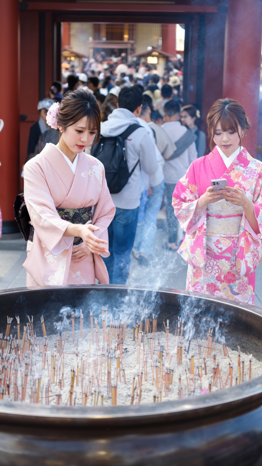 two women in traditional kimonos stand at a large,  circular metal incense burner filled with sand and upright incense sti...