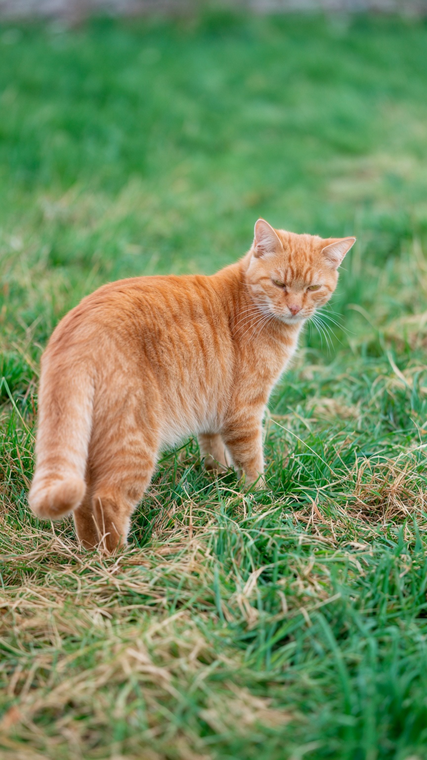 a ginger cat with a soft,  striped coat stands alert in a grassy field,  its body angled slightly away from the viewer whi...