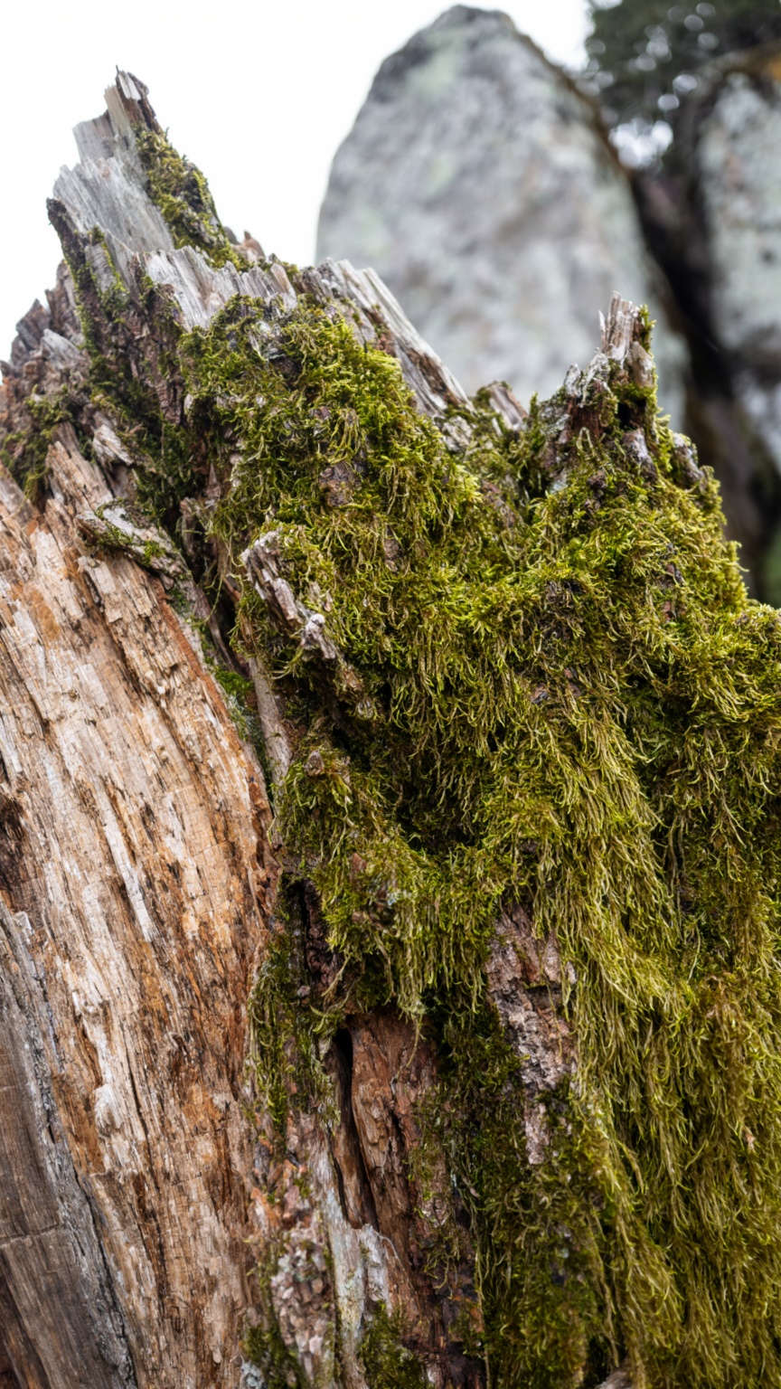 a close-up view of a weathered tree stump or fallen log,  its surface covered in thick,  vibrant green moss that clings to...