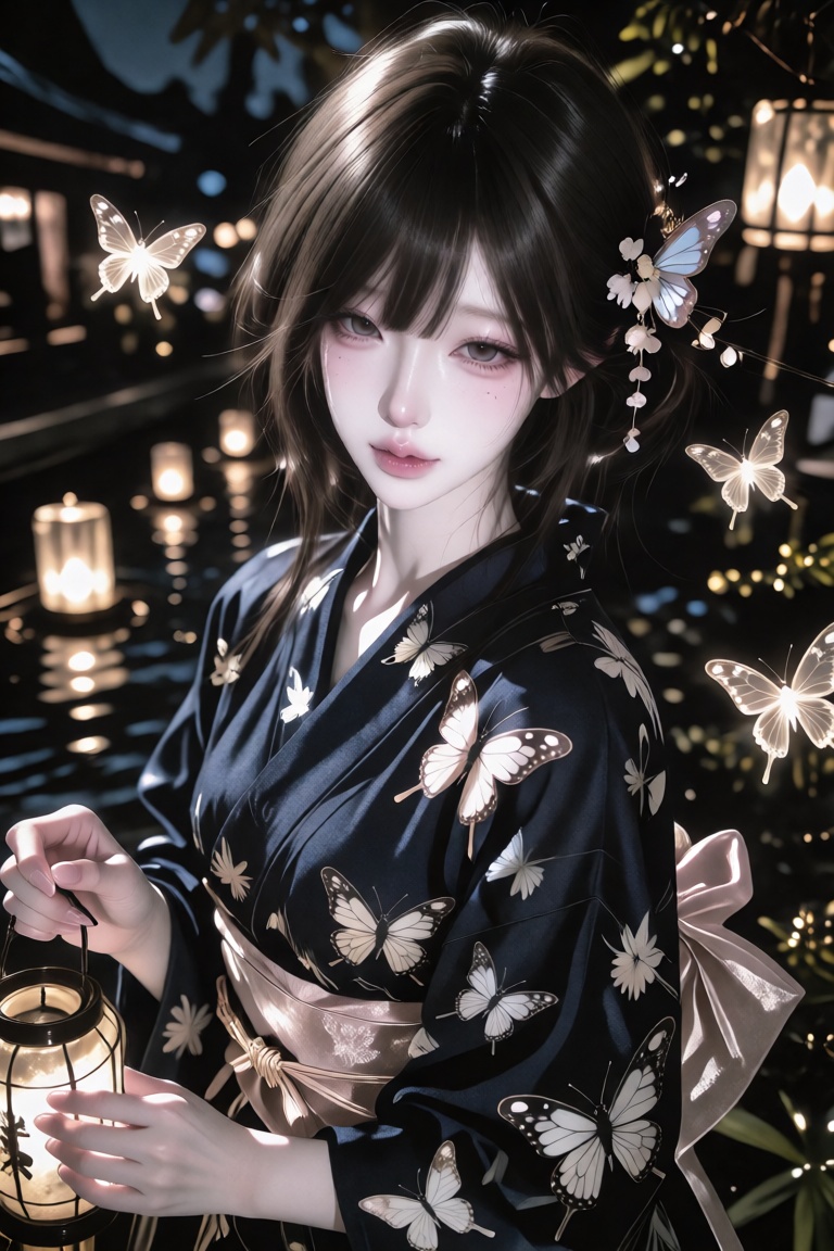 An East Asian woman with a neat updo and a kanzashi shaped like a butterfly,  dark eyes,  soft pink makeup on Tensor.Art