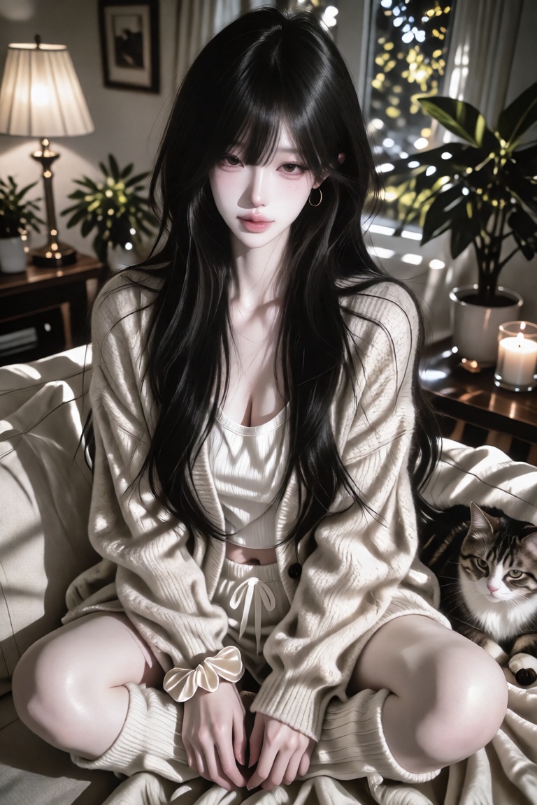 An Asian woman with long black hair with curtain bangs,  dark eyes,  natural makeup on Tensor.Art