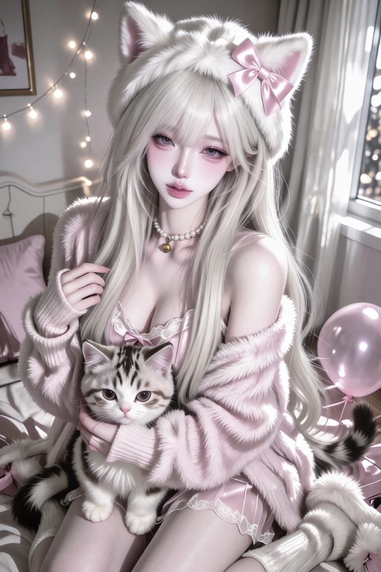 An Asian woman with long straight platinum-white hair,  pale lavender eyes,  light pink blush and glossy lips on Tensor.Art