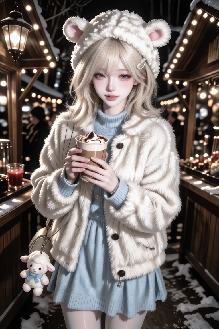 An Asian woman with short wavy cream-blonde hair,  soft gray-brown eyes,  pale pink blush and milk-pink lips on Tensor.Art