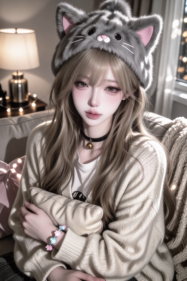 An Asian woman with wavy light-brown hair in two low twin tails and wispy bangs,  hazel eyes,  dewy skin with a pink blush...