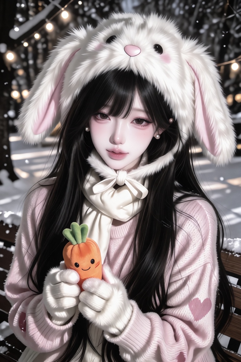 An East Asian woman with long straight black hair with see-through bangs,  big dark-brown eyes with soft pink eyeshadow,...