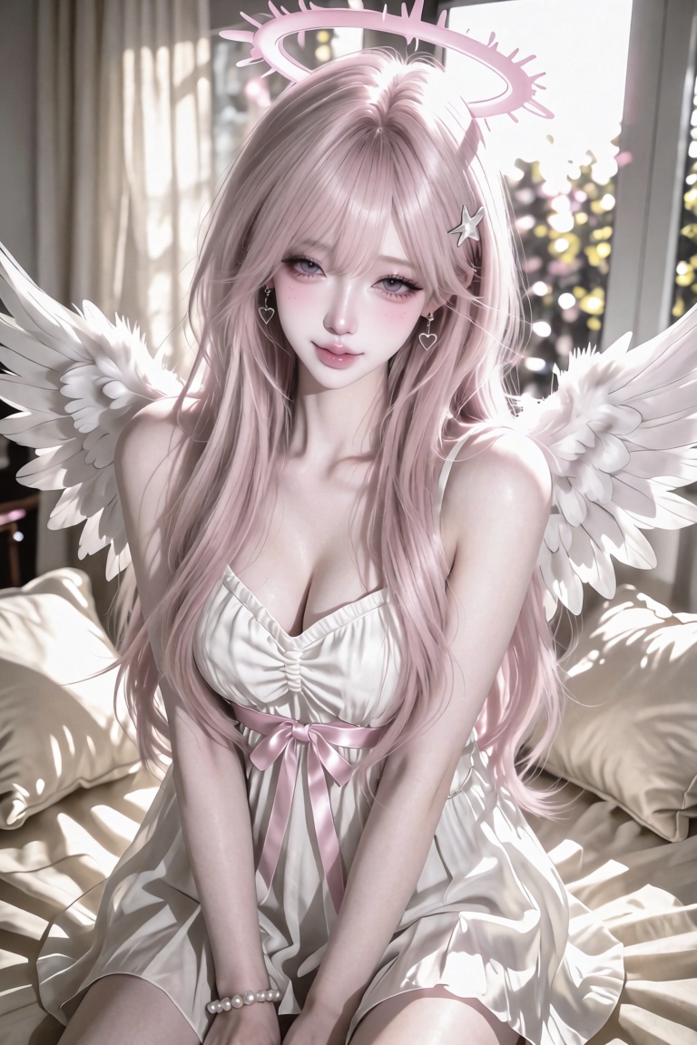 An ***** Asian woman with long wavy pale-pink hair with a small star clip,  large pastel-pink halo,  light-lavender eyes o...