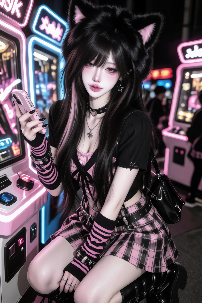 An East Asian woman with long black layered hair and a pink streak,  dark eyes with winged eyeliner and a glitter sparkle,...