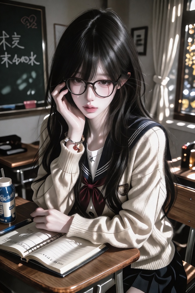 An ***** Asian woman with shoulder-length black hair with air bangs and round glasses,  dark eyes,  a thoughtful look on T...