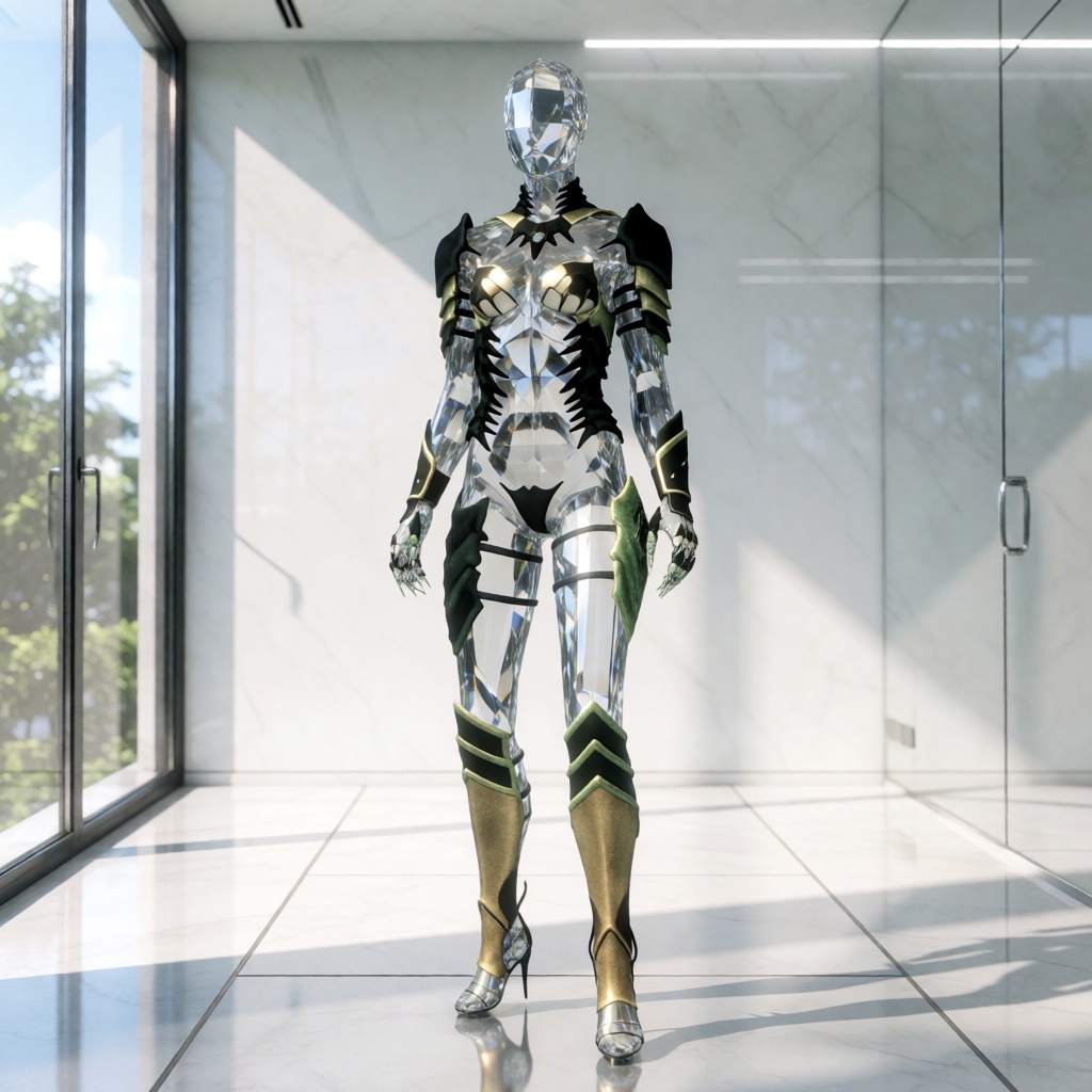 8K UHD ultra-photorealistic photograph of a curvy crystalline diamond mannequin wearing a realistic high-quality metallic...