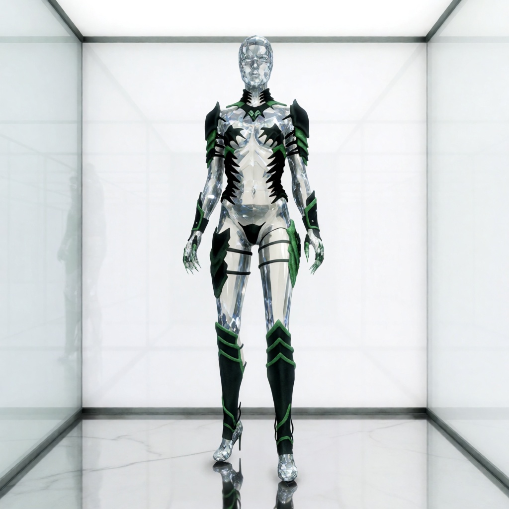 8K UHD ultra-photorealistic photograph of a curvy crystalline diamond mannequin wearing a realistic green dragarm. placing...