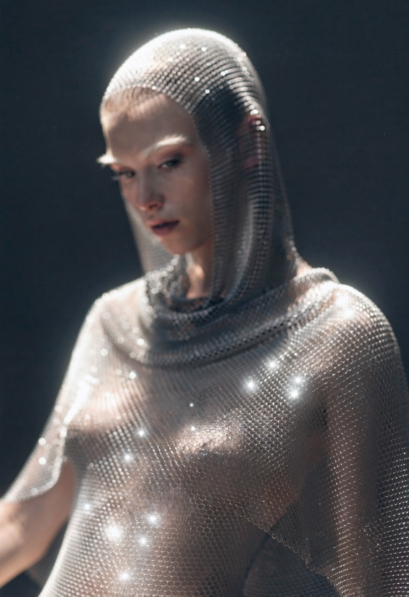 avant-garde,  sharp focus,  high-fashion editorial portrait of a 23-year-old Caucasian model wearing an intricate on Tenso...