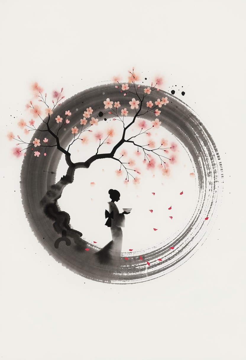 a graceful minimalist Japanese-inspired composition showing the soft silhouette of a woman in a kimono holding a small bow...