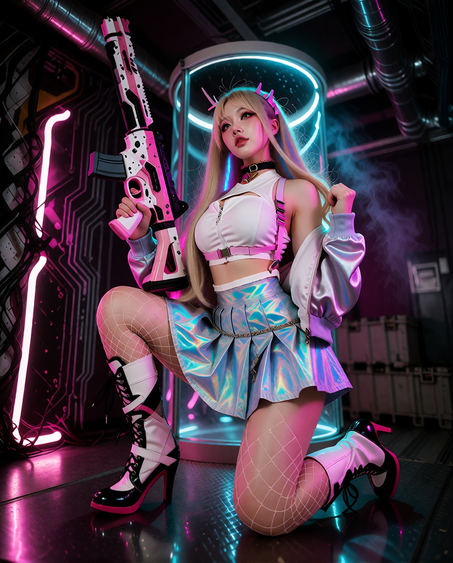 viper,  Low-angle,  cyberpunk fashion portrait of a young woman kneeling in a industrial set on Tensor.Art