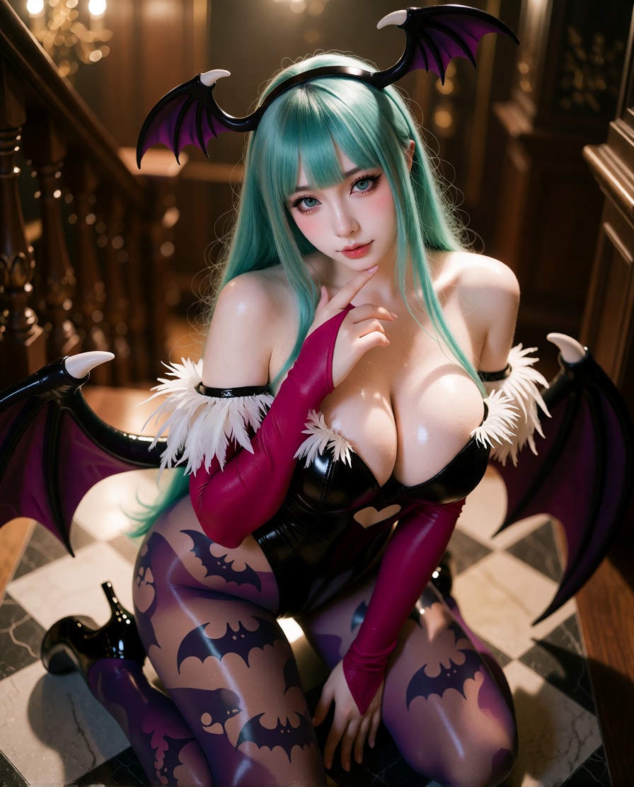 Photorealistic cosplay portrait of a succubus-inspired character kneeling on a checkered floor in an ornate wooden stairca...