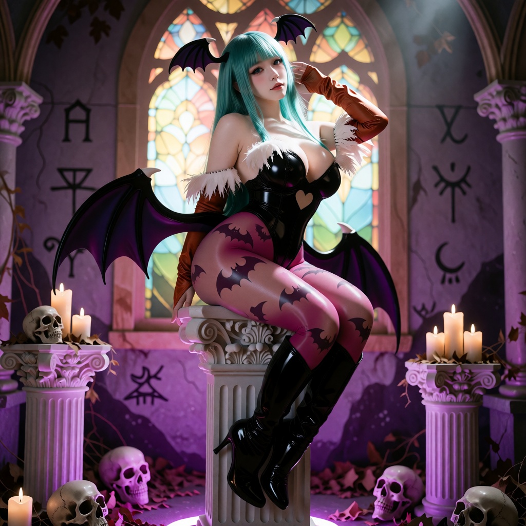A high-detail,  photorealistic cinematic portrait of a sultry succubus-inspired cosplayer,  seated on an ornate white Cori...