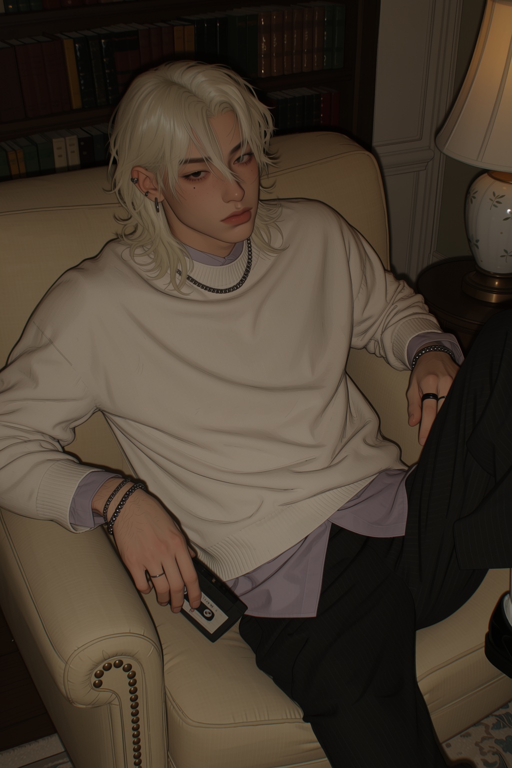 highres,  absurdres,  @4**0D4YX A young man with wavy platinum-blond hair tucked behind one ear lounges across a vintage v...