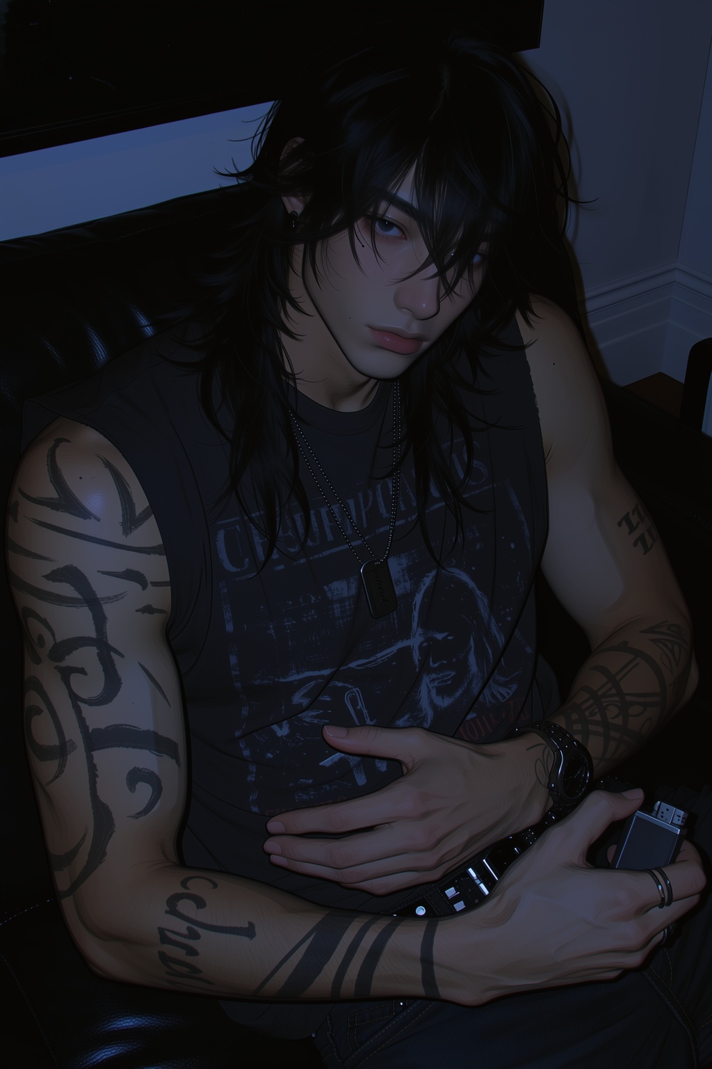 highres,  absurdres,  @4**0D4YX 16. A young man with long messy black hair leans back against a dark leather couch. He wea...
