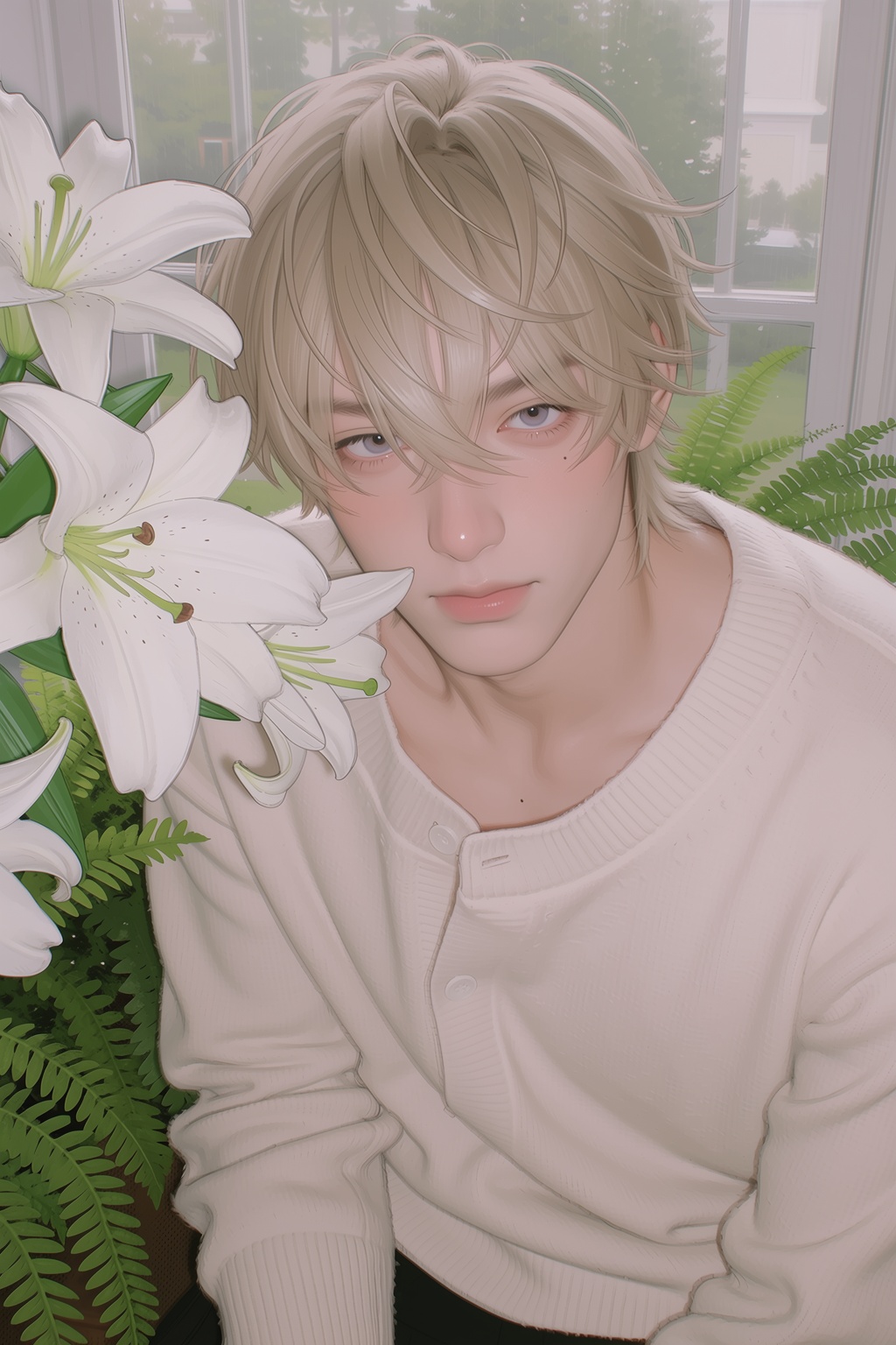 highres,  absurdres,  @4**0D4YX A young man with light ash-blonde hair and pale lavender eyes looks gently downward on Ten...