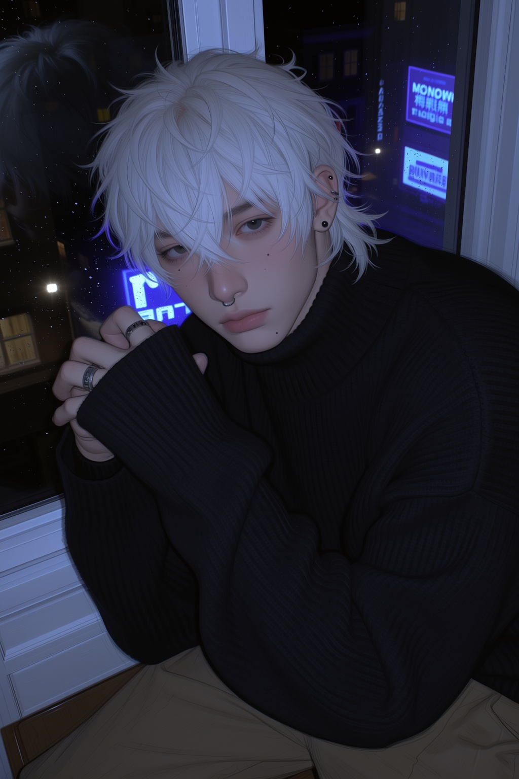 highres,  absurdres,  @4**0D4YX A soft-featured young man sits curled up on a wide on Tensor.Art