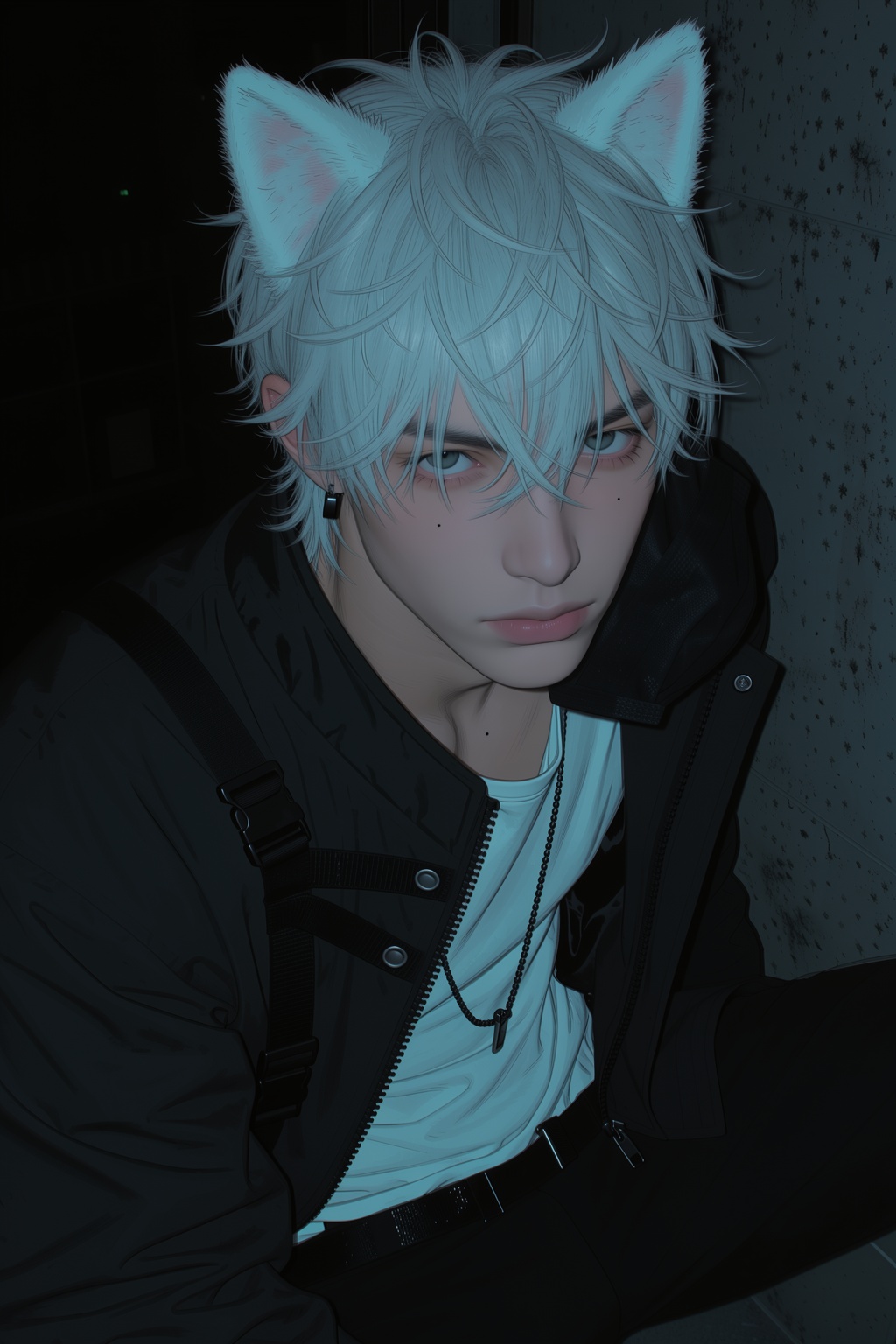 highres,  absurdres,  @4**0D4YX 10. A young man with messy silver hair and white feline ears gazes intensely forward on Te...