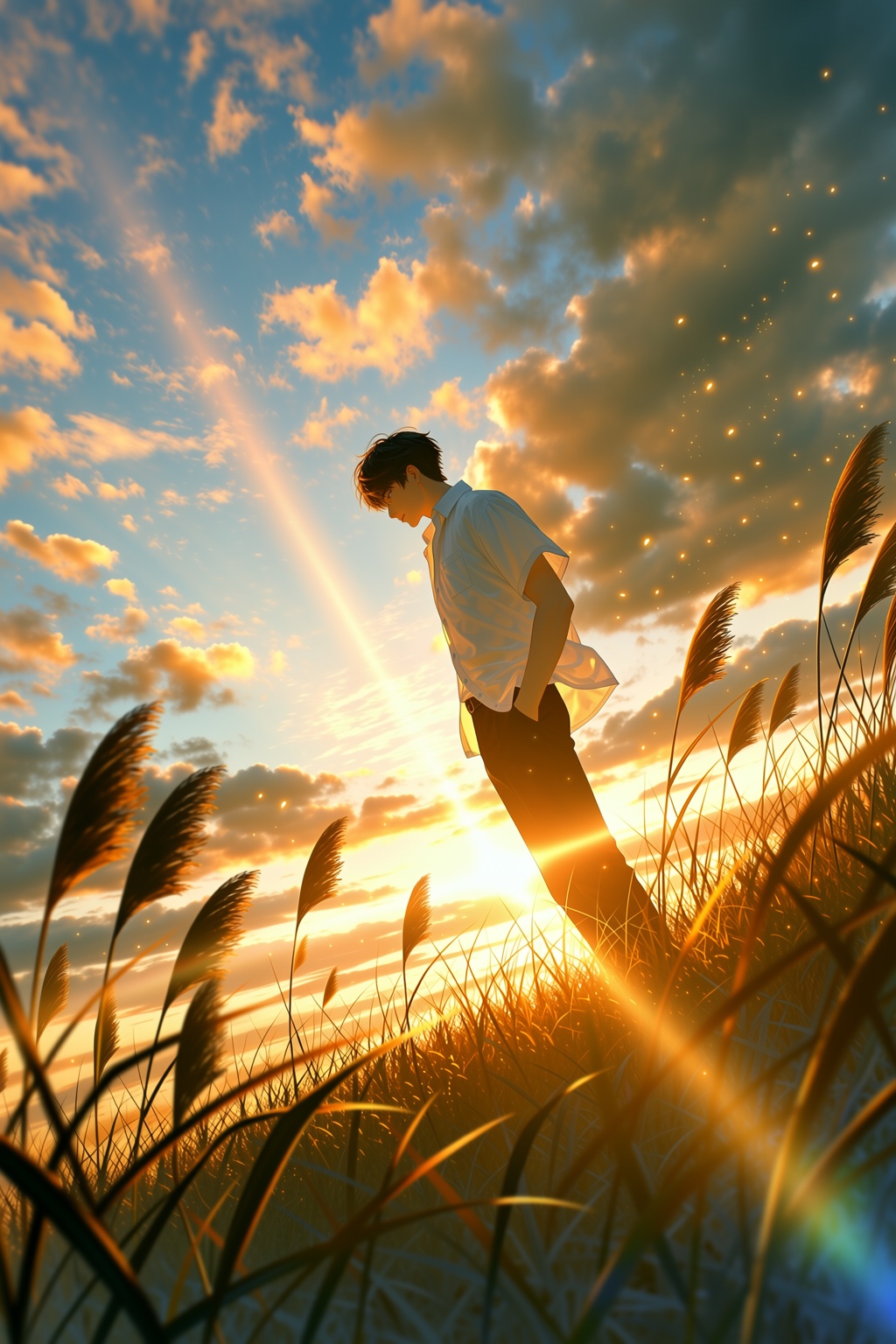 highres,  absurdres,  @H4LPH4S9 A young man with dark hair stands in profile on a grassy hillside at golden hour on Tensor...