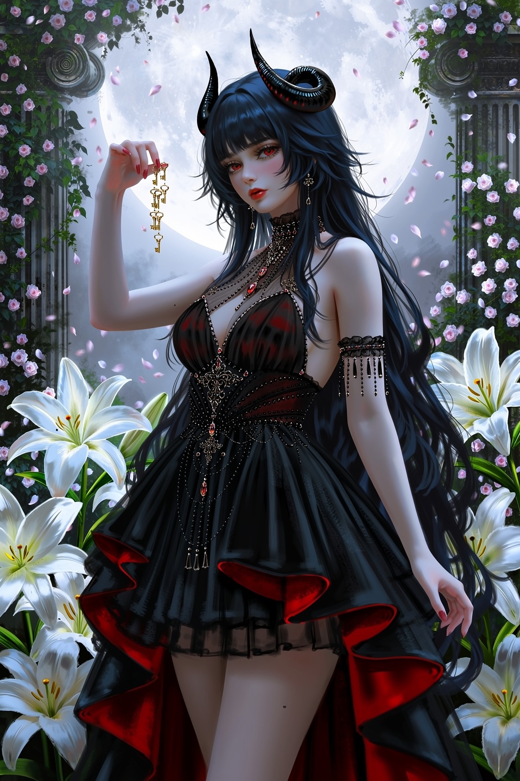 A painterly fantasy illustration depicts a woman with long raven hair,  red eyes,  and delicate black horns curled like in...