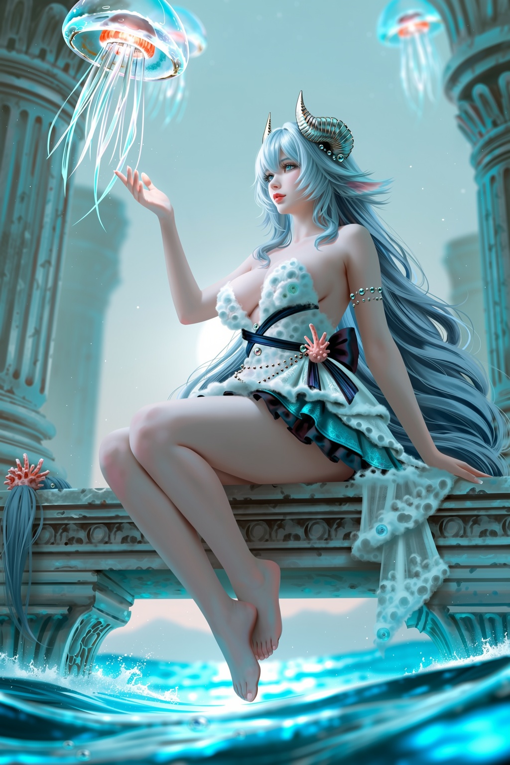 A luminous anime-style image depicts a woman with long silver-blue hair and shell-like horns seated on a stone ledge above...