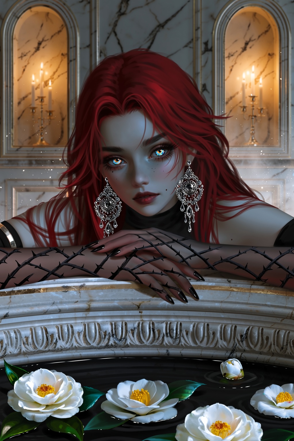 A moody painterly illustration features a woman with deep red hair,  ash-gray skin,  and bright opal eyes framed by ornate...