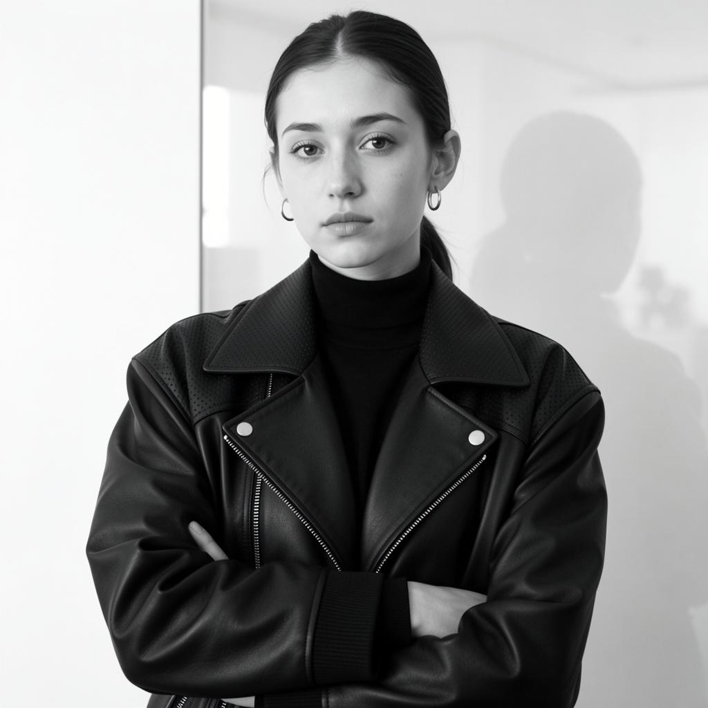 Black and white high-key fashion editorial portrait,  medium close-up,  eye level. A young East Asian woman with hair pull...