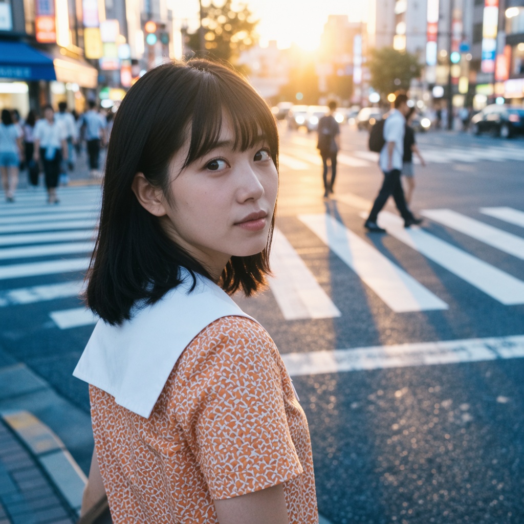 Tokyo. A young Japanese woman with shoulder-length dark hair and straight bangs stands in the foreground,  glancing over h...