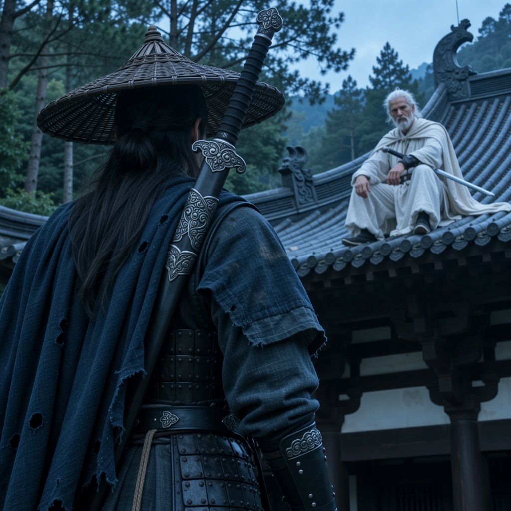 The main subject is a lone ***** Chinese male warrior viewed from behind,  positioned prominently in the left half of the...