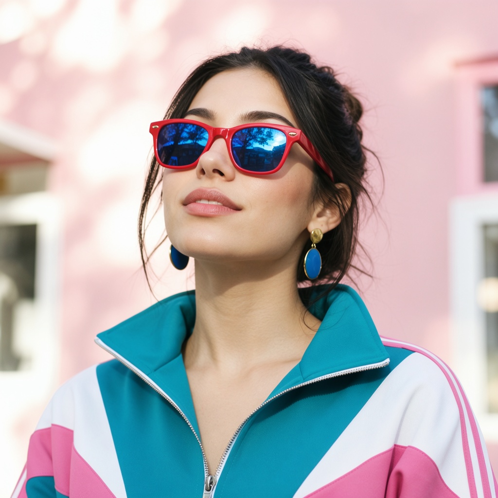 A captivating,  natural-light headshot of a young woman with realistic skin,  wearing bold red-framed sunglasses with refl...