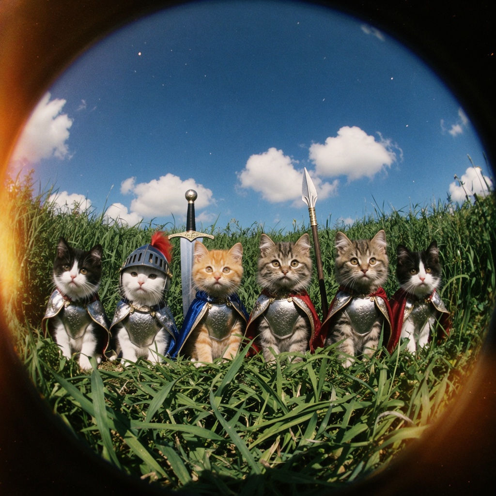 Shot on an 8mm circular fisheye lens,  wide open frame with heavy barrel distortion — the grass horizon bows upward and th...