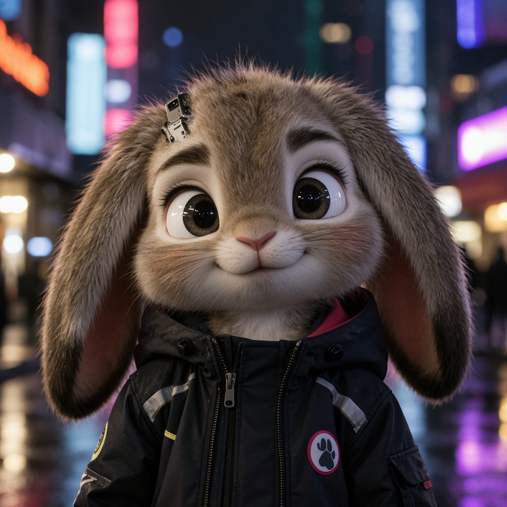 An adorable,  fluffy anthropomorphic bunny with very long,  floppy ears that hang limply on the sides of her head. Cyberpu...