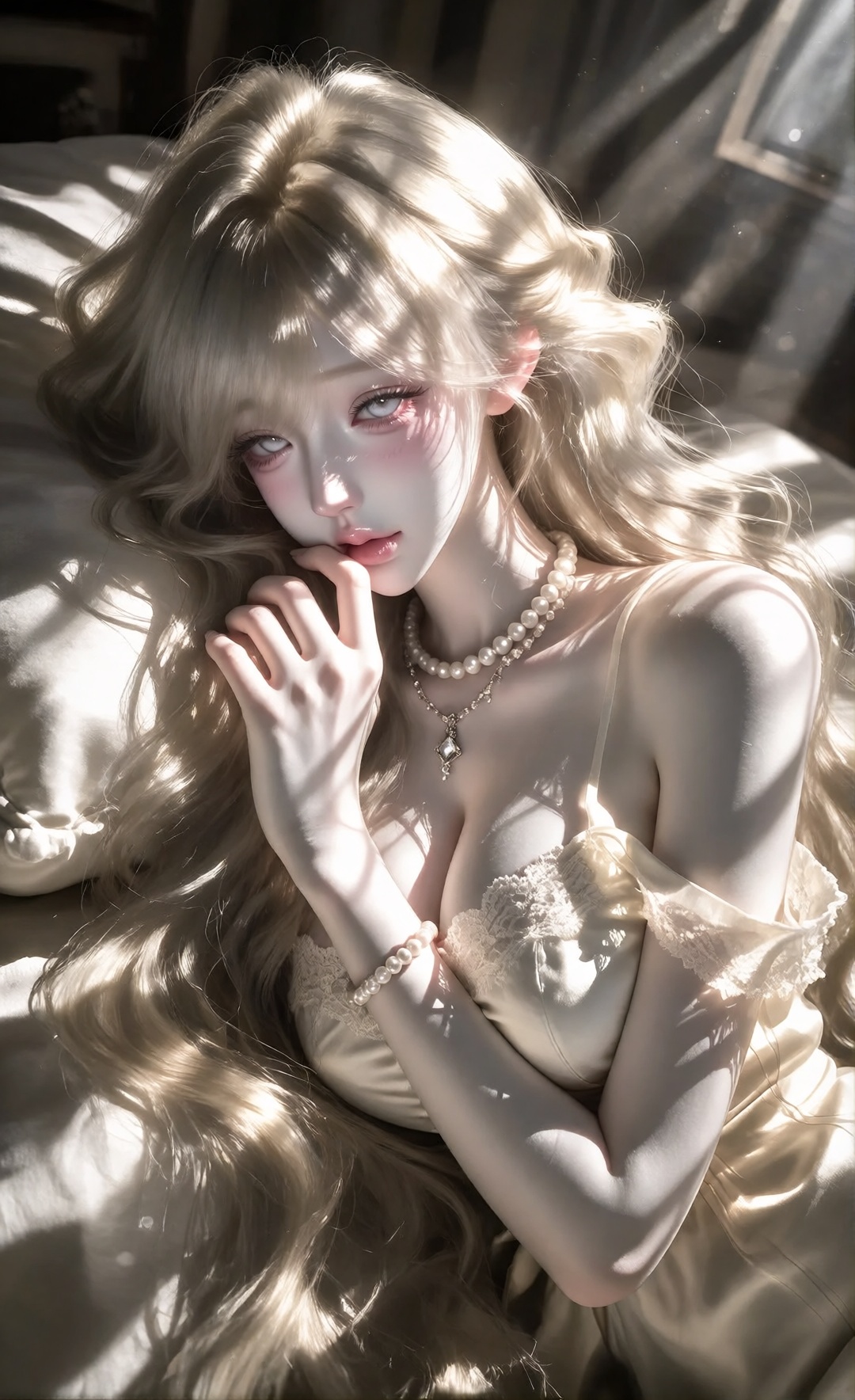 beautiful doll-like woman lying on a bed,  pure white eyes,  solid white irises on Tensor.Art
