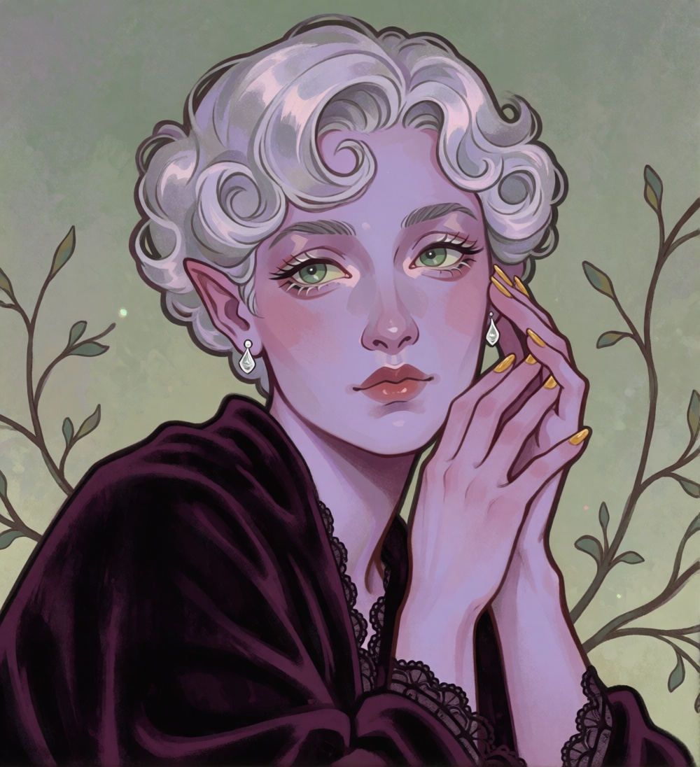rosiedew,  portrait of a woman with short,  softly curled silver hair on Tensor.Art