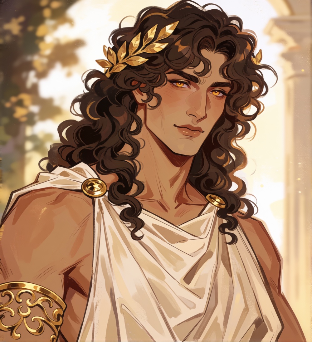 rosiedew,  portrait of a handsome ***** Greek man with long,  tousled dark golden-brown curls on Tensor.Art