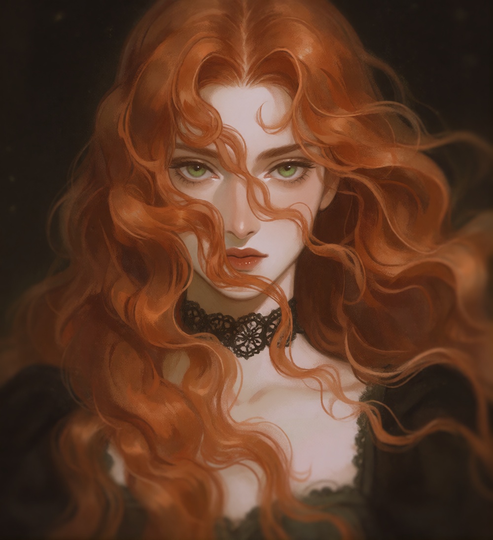rosiedew,  portrait of a woman with long and open copper-red hair that is falling into her face,  eye focus on Tensor.Art