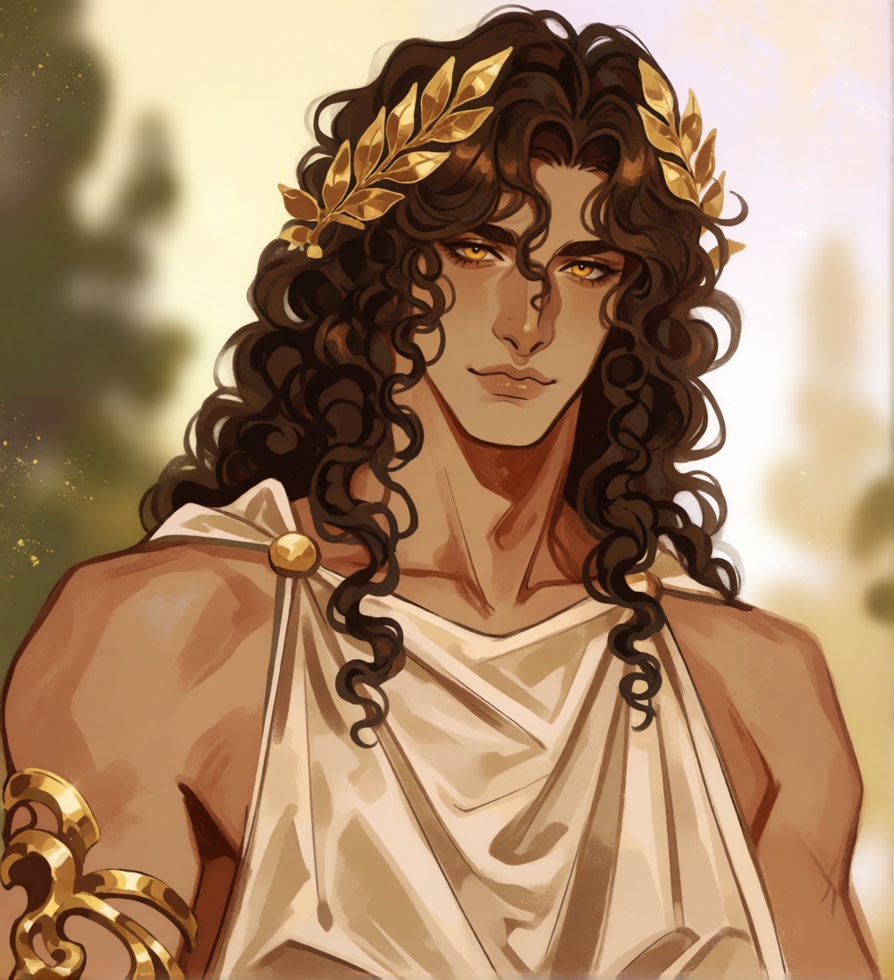 rosiedew,  portrait of a handsome ***** Greek man with long,  tousled dark golden-brown curls on Tensor.Art