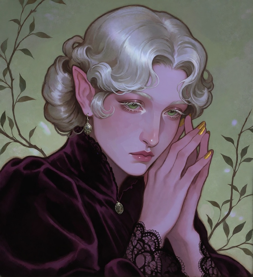 rosiedew,  portrait of a woman with short,  softly curled silver hair on Tensor.Art