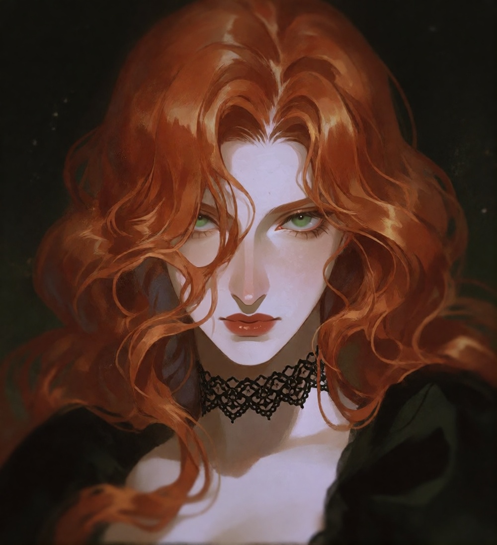 rosiedew,  portrait of a woman with long and open copper-red hair that is falling into her face,  eye focus on Tensor.Art