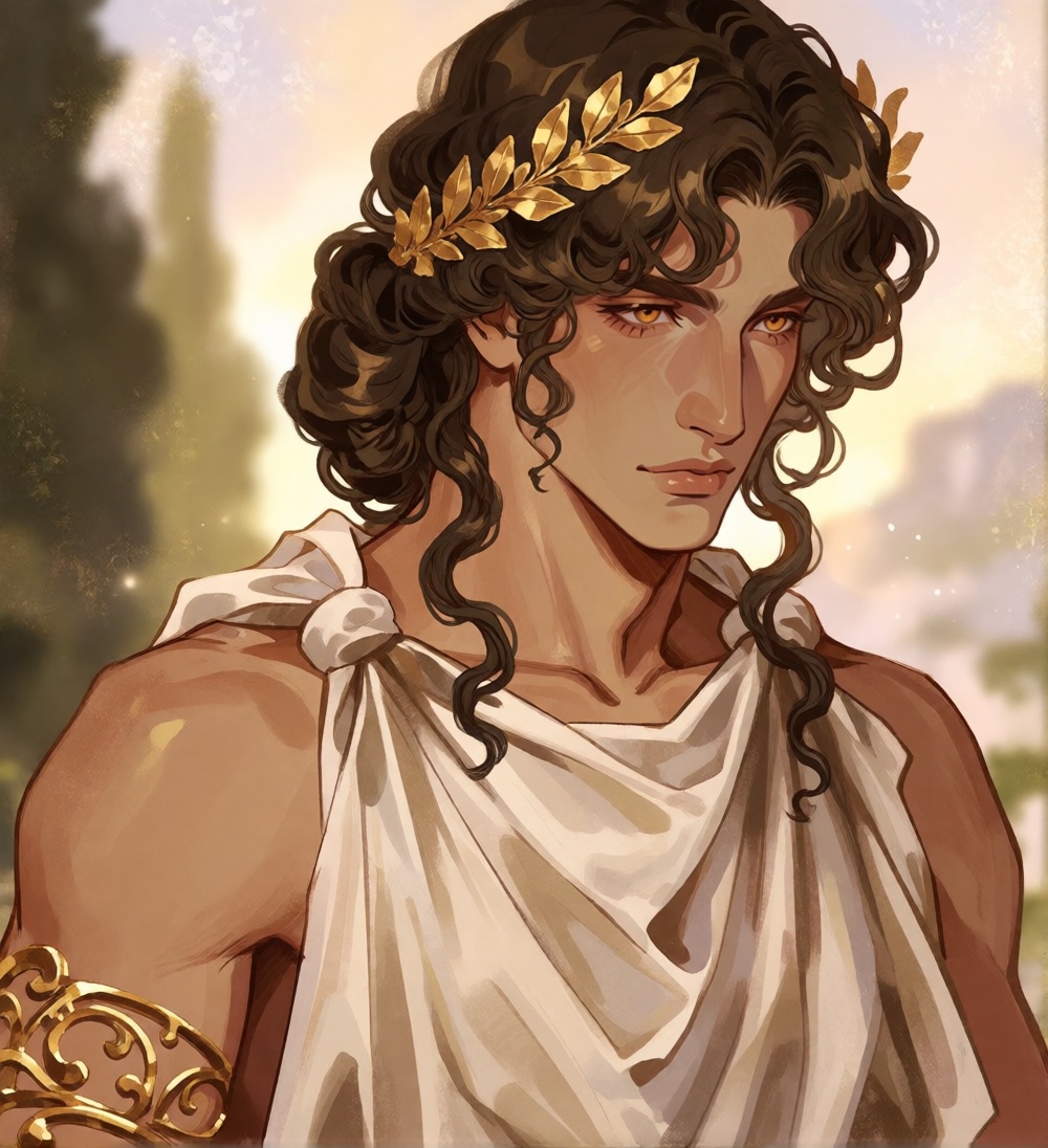 rosiedew,  portrait of a handsome ***** Greek man with long,  tousled dark golden-brown curls on Tensor.Art
