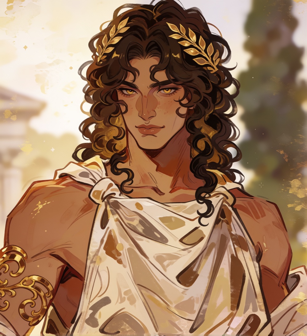 rosiedew,  portrait of a handsome ***** Greek man with long,  tousled dark golden-brown curls on Tensor.Art