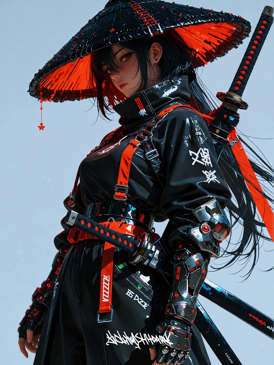 Cyberpunk samurai woman,  side profile,  wearing a large black conical hat with a vibrant neon orange underside on Tensor.Art