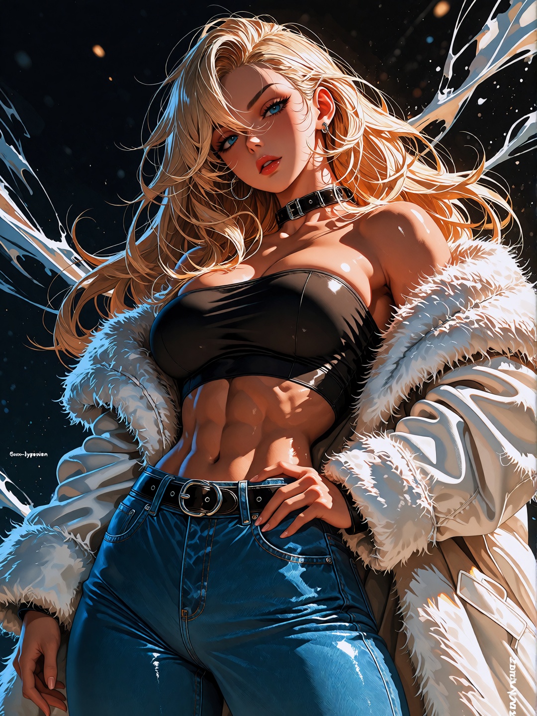 MidJourney Prompt (A stunning pin-up anime realistic illustration of a breathtaking blonde bombshell,  framed from the thi...